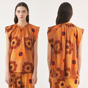 NEW Antik Batik Blouse Retro‎ Floral Print Cap Sleeve Cotton Gauze Top Size XS